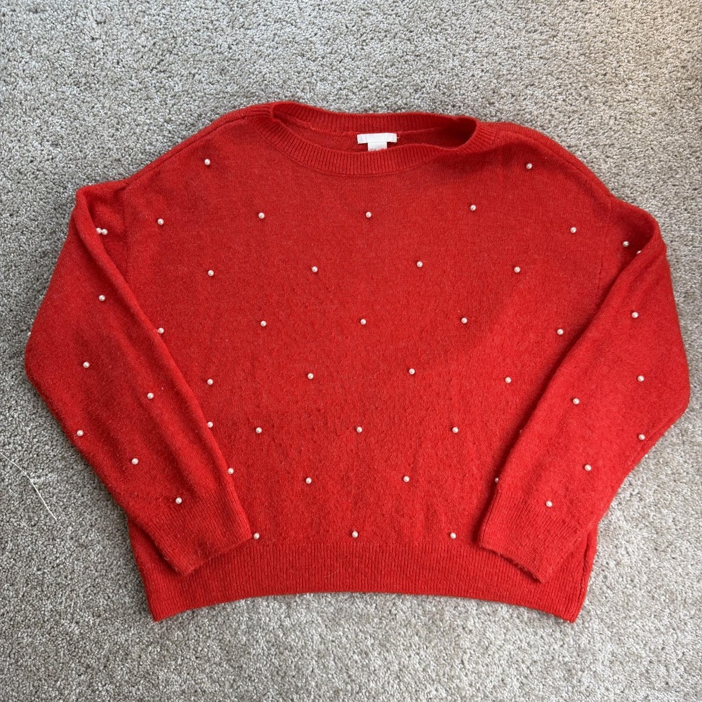 H&M Sweater Womens M Red Crew Neck Beaded Pearl Tight-Knit Pullover Long Sleeve